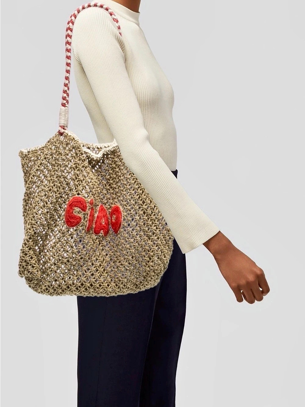 Clare V. L'Été Ciao Crochet Tote. Woven Tote Bag in Brown & Red Like New